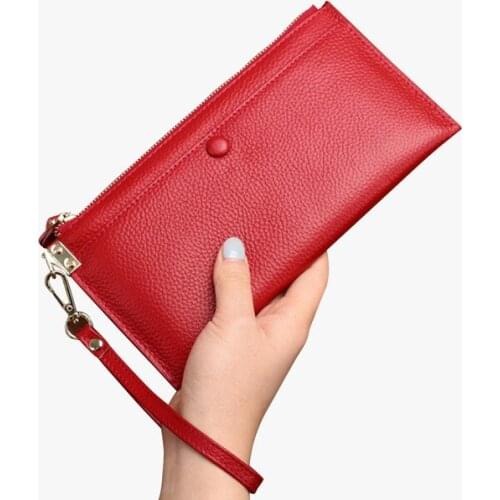 Genuine Leather Women Wallet Long thin Purse female Wrist Wallets Fashion Cowhide multiple Cards Holder Clutch Purses money bag