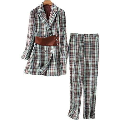 New Women Blazer Two Piece Sets Long Sleeve Blazer Coat Tops Straight Leg Pants Office Business Suit Plaid Print Two Piece Set