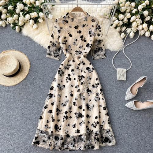 2021 Summer Womens Party Dress Chinese Style Retro Stand-collar Lace Mesh slim Dress New Waist Female Dresses FC083
