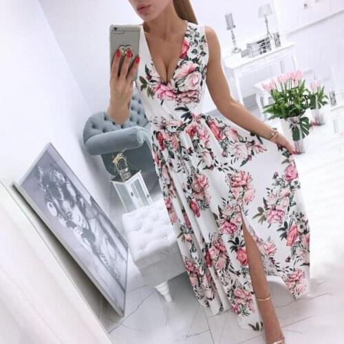 Floral Printed Vintage Dress Women V Neck Wrap Split Long Dress Sleeveless Beach Maxi Long Dress Bohe Robe Été Robe Femme