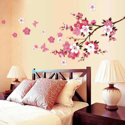 2021 Pink Tree Wall Stickers Room Peach Blossom Flower Butterfly DIY Wall Stickers Poster Vinyl Art Decal Decor Mural Wallpaper