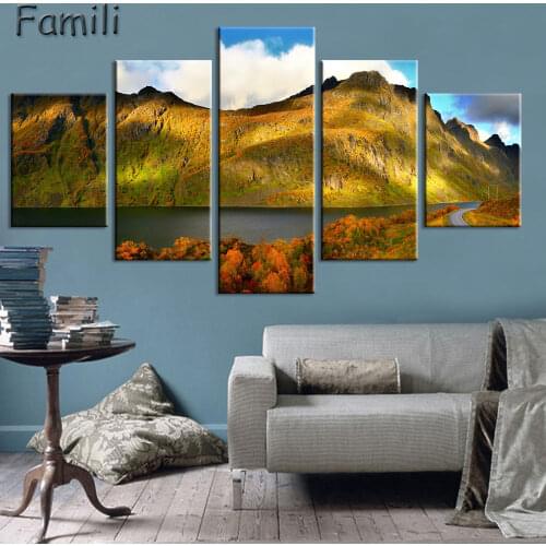 5Panel norway night northern lights lake Natural landscape poster silk fabric cloth print wall sticker Wall Decor custom print