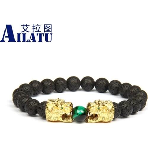 Ailatu Double Leopard Lion Tiger Head Bead Bracelet Green Strass Stone Male Fashion Jewelry Wholesale 8mm Black Lava Stone Bead