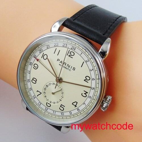 42mm Parnis Light yellow dial stainless steel case 24-Hour GMT Display Automatic Movement Mens Watch Relogio Masculino