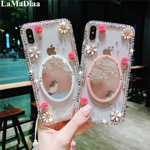 Luxury Rhinestone Case Cover For iphone X XS MAX XR 6 6S 7 8 PLUS 11 Pro MAX Glitter Mirror With Ring Holder Stand Soft Cover