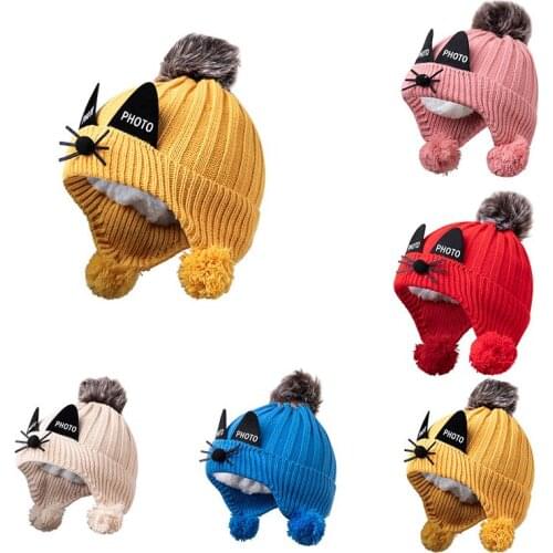 Newborn Girls Boys Winter Warmer Wool Fur Kids Cap Pompom Ball Cartoon Cat Ears Knit Warm Children Hats photography props