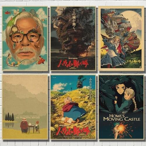 Howls Moving Castle Hayao Miyazaki Cartoon Movie Vintage Kraft Poster Wall Painting Printed Draw Sticker Paper Painting