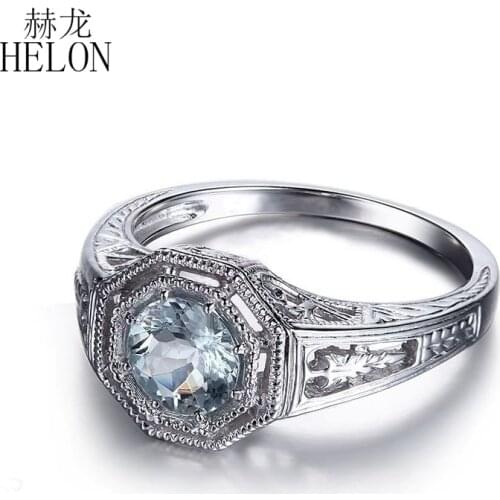 HELON 6mm Round Natural Aquamarine Ring Art Deco 925 Sterling Silver Engagement Wedding Ring Fine Jewelry Vintage Antique Style