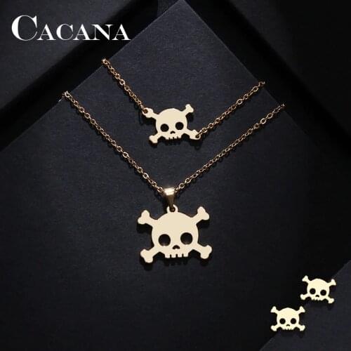 CACANA Stainless Steel Sets For Women Skull Shape Necklace Bracelet Earring Jewelry Lovers Engagement Jewelry