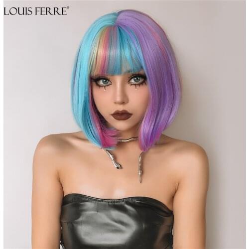 LOUIS FERRE Purple Short Bob Synthetic Wigs with Bangs Water Wave Natural wigs for Women Wavy Cosplay Wigs Heat Resistant Fiber