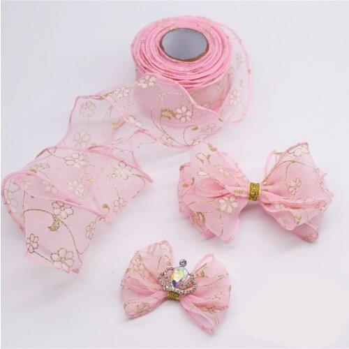 Organza Ribbon With Gold Wire Flower Print 10/20yards A Roll Pink Color Ribbons for crafts For Wedding Bridal Deco Hairbow DIY
