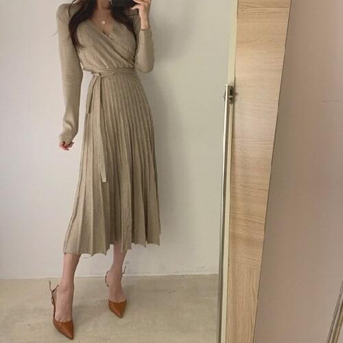 DASSWEI Fashion 2021 Autumn Womens Dress V-Neck Knitted Midi Dress Women Sexy Long Dress Slim Female Solid Dresses Elegant