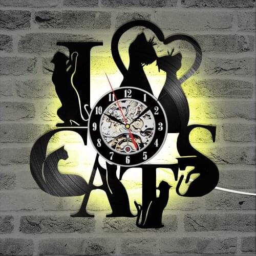 I Love Cats Vintage Record Wall Clock Silent Large Wall Clocks For Living Room Decor 12 Inch 3D LED Night Light Gift for Friends