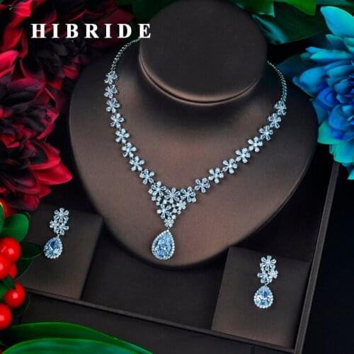 HIBRIDE New Arrival Water Drop Cubic Zirconia Pendant Necklace Fashion Jewelry Flower Shape Accessories Brinco Gifts N-678