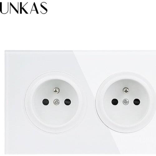 UNKAS 146 French Grounded With Child Protective Lock Crystal Tempered Pure Glass Panel 16A Double Wall Power Socket