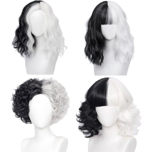 Cruella De Vil Cosplay Wig 6 Styles Half Black Half White Heat Resistant Synthitic Hair Women Girls Halloween Carnival Party