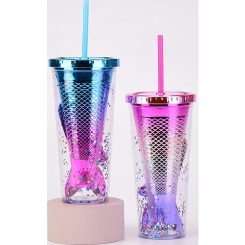 Electroplated Glitter Water Cup Creative Straw Mermaid Plastic Cup Gift Home Office Double Layer Heat Cold Insulation Drinkware