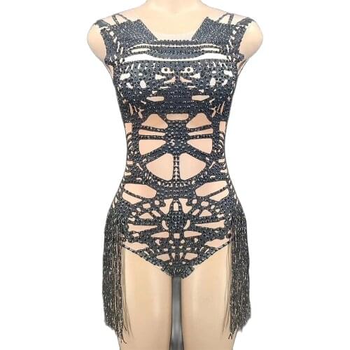 Rhinestones Decorative Pattern Tassel Bodysuit Women Sleeveless Performance Clothing Party Evening Shiny Costume For Women