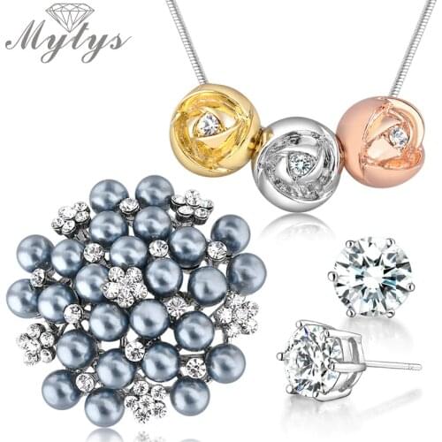 Wedding Jewelry Sets 1 Pendant Necklace 1 Grey Pearls Brooches and 1 Pair Crystal Stud Earrings N807