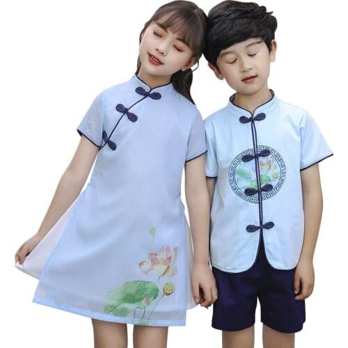 Traditional Chinese Clothing Boys Hanfu Kids Tang Suit Festival Outfit School Dance Costume Girls Cheongsam Short Sleeve Dress