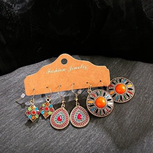 Vintage Gypsy Multicolor Earrings Set Women Ethnic Orange Beads Earring Dreamcatcher Flower Dangle Earring