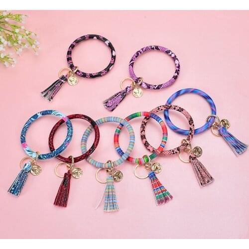 ZG Keychain PU Leather KeyChain Custom Circle Tassel Keychains Girl Leopard PU Bracelet Tassel Pendant