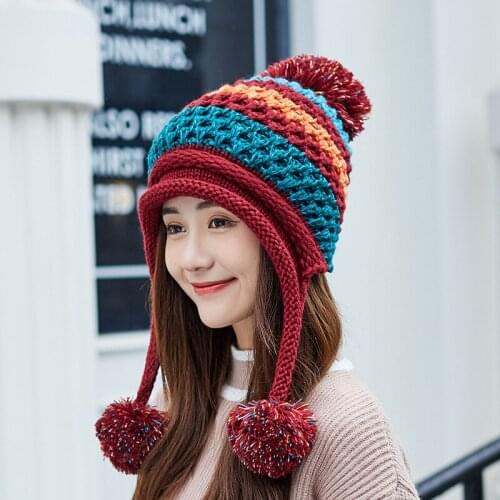 Women Winter Knitted Hats Patchwork Pompon Balls Earflap Caps Ladies Warm Beanies Hat