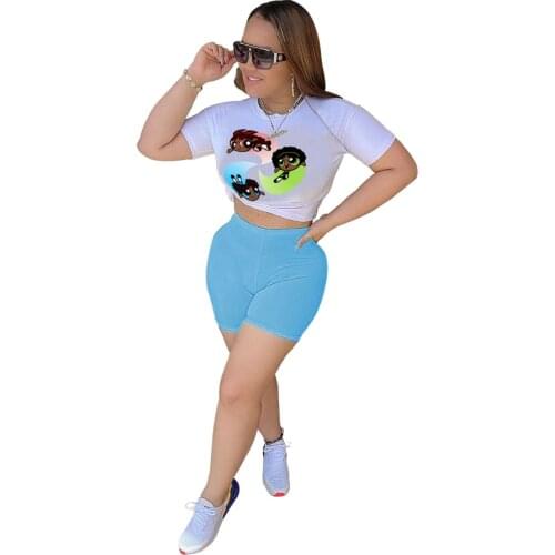 Shorts Sets 2021 Women Fashion Casual Suit Cute Printed Short Sleeve Round Neck T-Shirt Shorts Pants Two Piece Set Bl2006232005