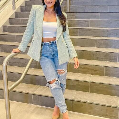 XEASY 2021 Tweed Women Vintage Pea Green Long Sleeve Slim Office Lady Blazer Female Double Breasted Streetweaer Suit Top