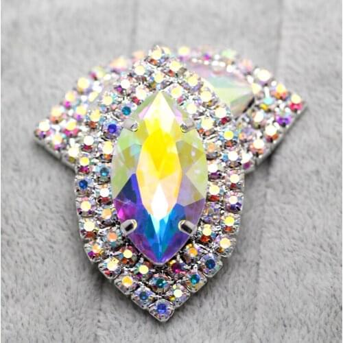 2pcs 30*50mm Crystal AB Marquise Glass Sew On Rhinestone With 4 Holes Silver Base Metal Silver Gold Base Sewing On Garments