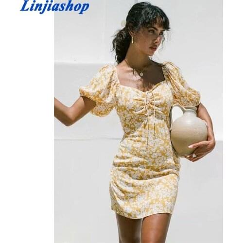 2021 Fashion Women Square Collar Print Lace-up Dress Short Sleeve Female Summer Mini Dresses