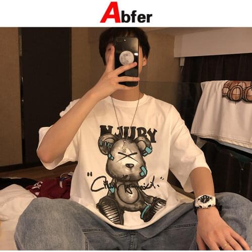 Abfer Gothic Punk Streetwear Bear Printed T Shirt Men Short Sleeve Top Cute Cartoon Loose Oversized Tshirt Harajuku Tee Shirt
