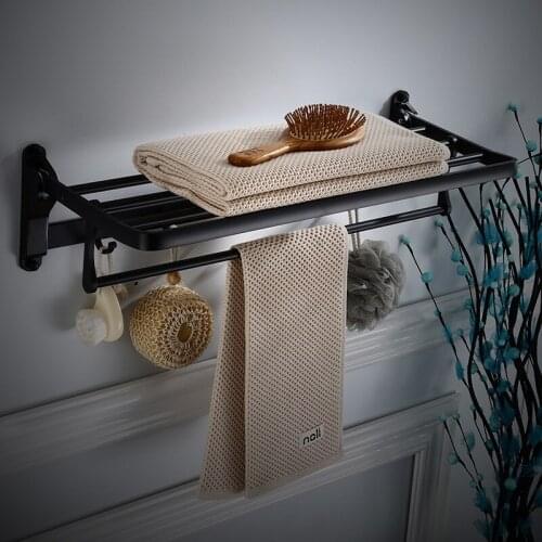 Aluminum Bathroom Towel Holder Black/White Foldable Wall Mount 50-60 cm Bath Towel Rack Holder With Hooks Towel Rail Towel Shelf