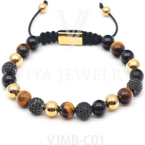 Free shipping Tiger Eye Custom Beads Round Beaded Braided Adjustable Bracelet Pave Setting Zircon Balls Macrame Bracelets