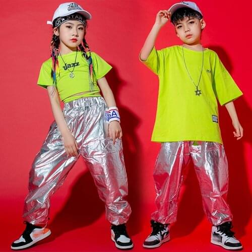 Kids Ballroom Hip Hop Dance Clothes Green Tops Girls Silver HipHop Pants Street Jazz Performance Costume Boy Stage Outift BL5868