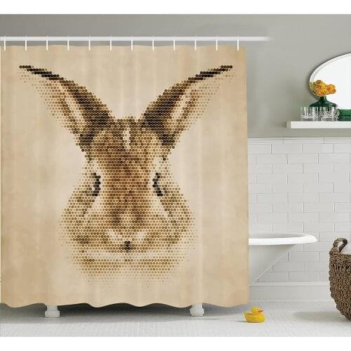 House Decor Shower Curtain Rabbit Portrait with Digital Geometrical Dots Points Vintage Color Bunny Face Bathroom Curtains