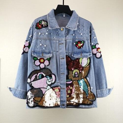 Plus Size Pearls Rivet Denim Jackets 2020 Autumn New Long Sleeve Cartoon Sequins Bomber Wash Denim Outwear Pockets Casual Coat