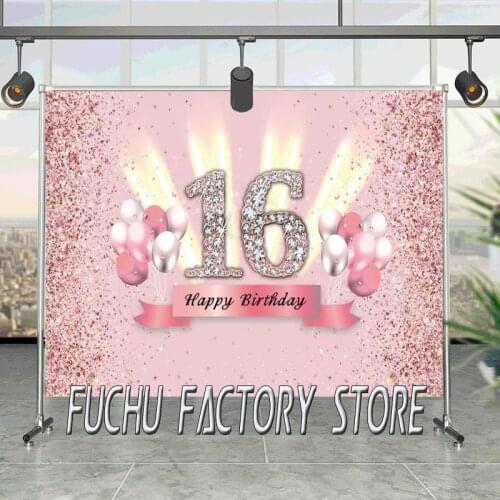 Pink Sweet 16th 18th 30th 40th Birthday Party Shiny Diamond Dots Balloons Customized Banner Photo Background Photo Backdrops