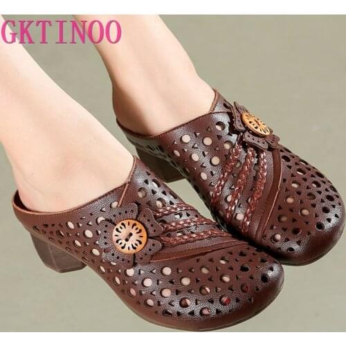 GKTINOO Handmade Women Slippers Genuine Leather Women Shoes 2021 New Summer Slides Hollow Out Retro Leisure Ladies Slippers