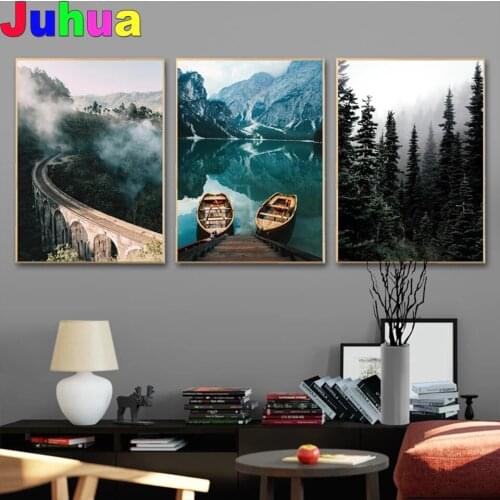 Misty Forest Lake Boat DIY diamond painting full drill mosaic landscape diamond embroidery diamond stitch home decor