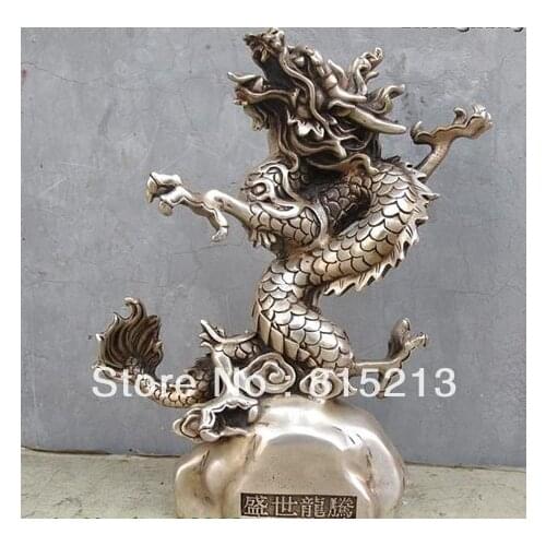 Wang 000237 Chinese White Bronze Silver Lucky flying Golden Age Dragon God Statue