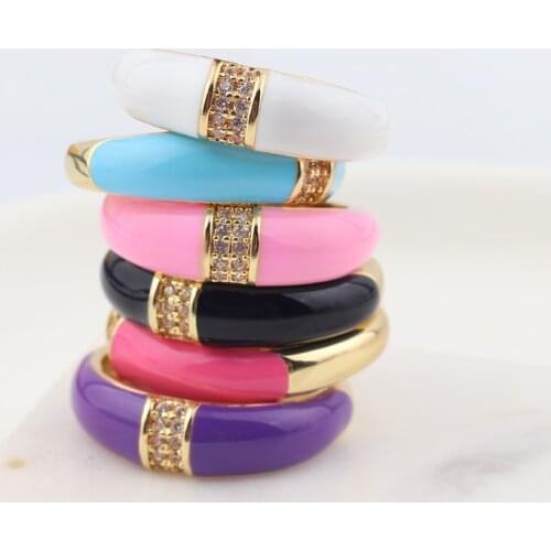 6 Colors Simple Style Colorful Enamel Ring Paved With Shiny Rainbow Cubic Zircon Stone Fashion Wed Engage Ring For Women