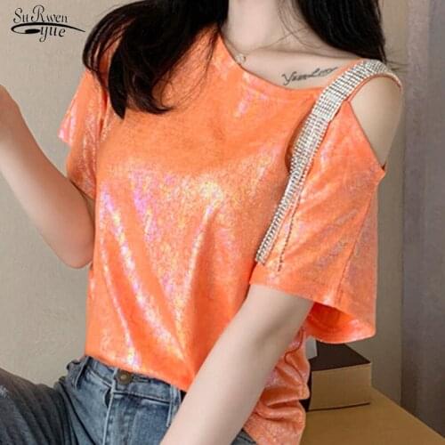 Chemisier Femme 2021 Summer New Short Sleeve Skew Collar Candy Color Blouse Women Diamond Tassel Sequined Cotton blouse 9466 50