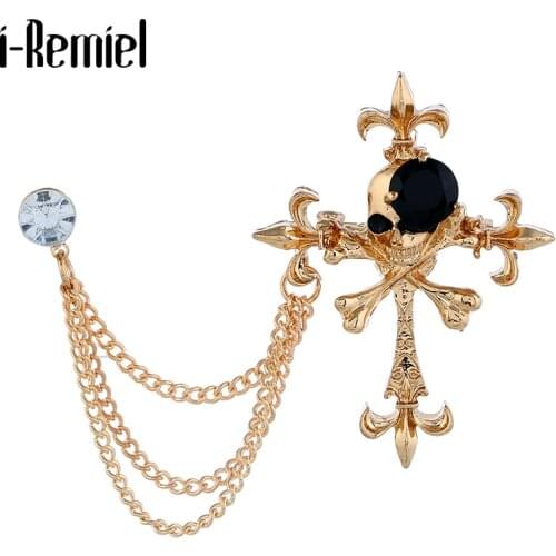 Korean Fashion Brooch Lapel Pin British Style Angle Wing Skull Cross Sword Tassel Chain Rhinestone Brooch Shirt Suit Accessories
