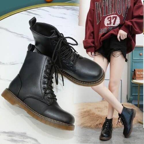 Motorcycle Boots Solid Leather Thick Bottom Square Low Heels Platform Boots Lace up New Autumn Winter Ankle Boots Plus Size