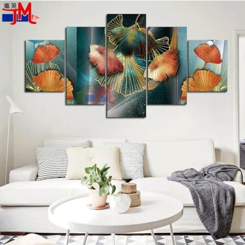 5 Pieces Ginkgo Leaf Diamond Painting Modern Simplicity Wall Art Diamond Embroidery Mosaic Cross Stitch Rhinestone Square Round