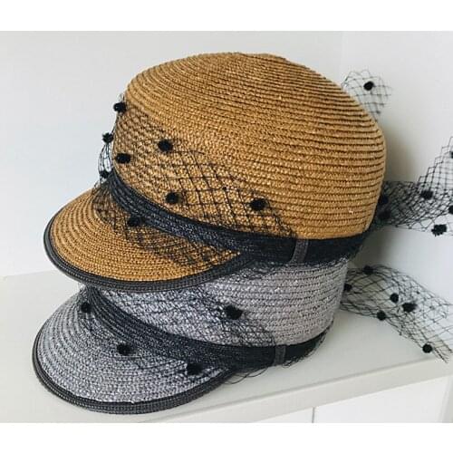 New Natural Straw Sun Hat For Women Military Hats Black Dot Veil Summer Beach Newsboy Cap Outdoor Bonnets Frog Bucket Custom Hat