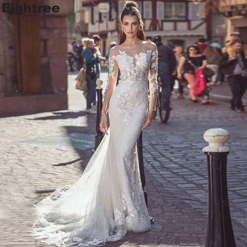 Eightree Long Sleeves Mermaid Wedding Dresses O Neck Lace Appliques Country Bride Wedding Gowns Sweep Train Vestido De Novia