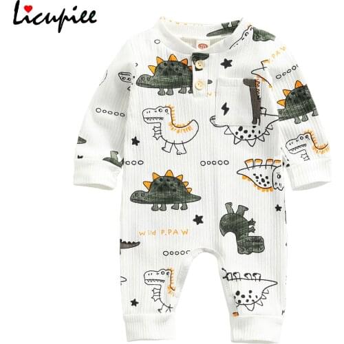0-18 Months Full Sleeve Babies Casual Romper, Dinosaur Printed Pattern Round Collar Long Sleeve Jumpsuit, White/ Dark Green