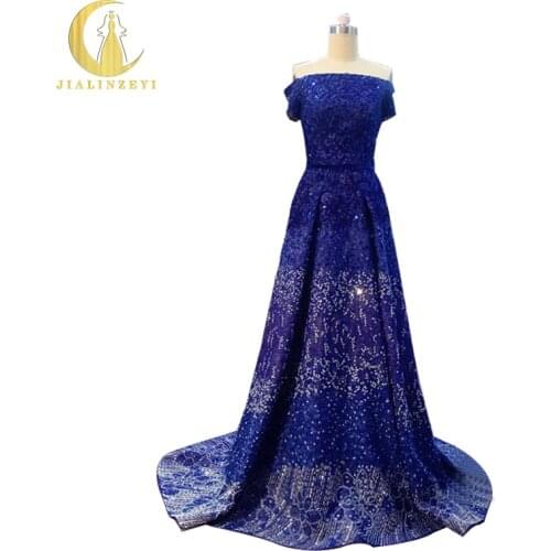 JIALINZEYI Real Image Sample Sexy Boat Neck Royal Blue Luxurious Beads Crystal with Flowers A-line Party Dressevening dress 2020